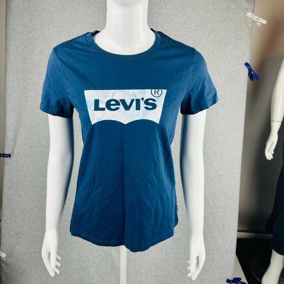 New Levi's Juniors XS T-Shirt Striped Blue Logo Stretch Retro Short Sleeve NWT - Picture 2 of 7